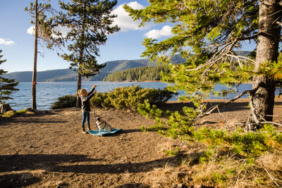 A woman puts a collapsible water bottle in her dog's Ruffwear Palisades Pack. 