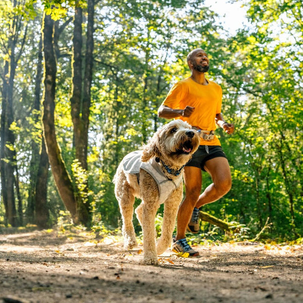 A woman balances on rocks with her dog.