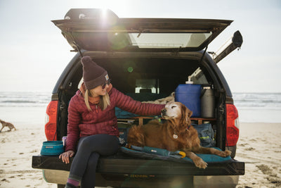 A woman sits next to her dog in the trunk of her car at a beach. 